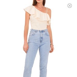 Ruffle Asymmetric Neck Linen Blend Top